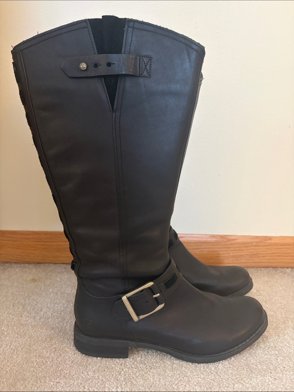 Timberland Black Knee-High Leather Buckle Boots